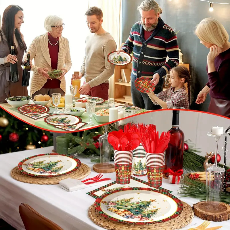 Kit de Talheres para Festa de Natal com 140 Peças - Pratos, Copos e Talheres Descartáveis